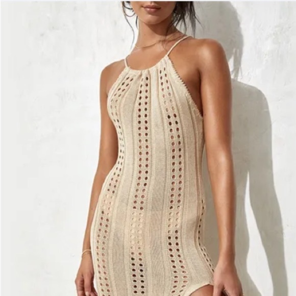 Laguna Blu Pointelle Knit Maxi Beach Midi Dress NWT Halter Open Back Tassels - Picture 4 of 13